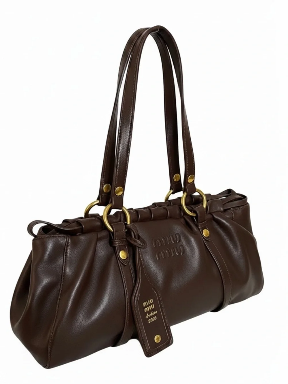 Miu Miu Dark Brown Leather Shoulder Bag with Green Charm - Picture 6 of 10